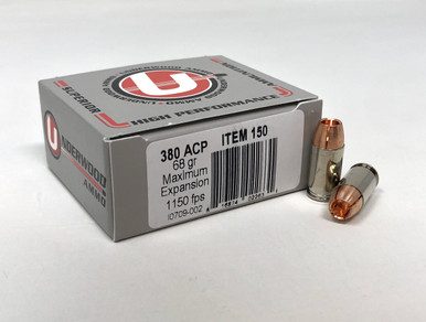 Underwood 380 ACP Ammunition 68 Grain Maximum Expansion UW150 20 Rounds