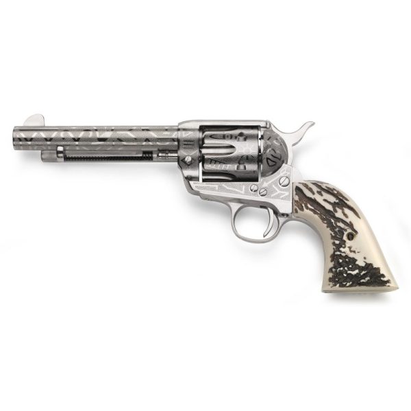 https3A2F2Fmedia.chattanoogashooting.com2Fimages2Fproduct2FTURC12000632FTURC1200063-1.jpg Taylor's 1873 Cattlebrand Engraved Stag Handgun .45 Colt 6rd Capacity 5.5" Barrel Engraved Silver with White