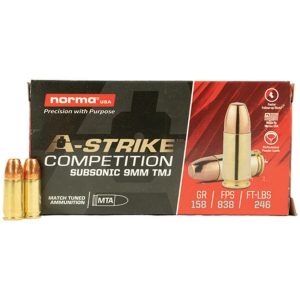 Norma A-Strike Subsonic Ammunition 9mm Luger 158gr TMJ 838 fps 50/ct