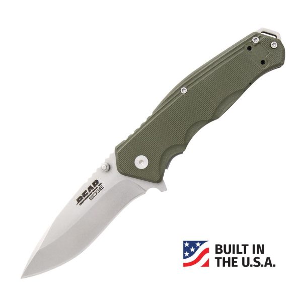 Bear & Son G10 Sideliner Folding Knife 3-3/8" Drop Point Blade OD Green with Trigger Boxed