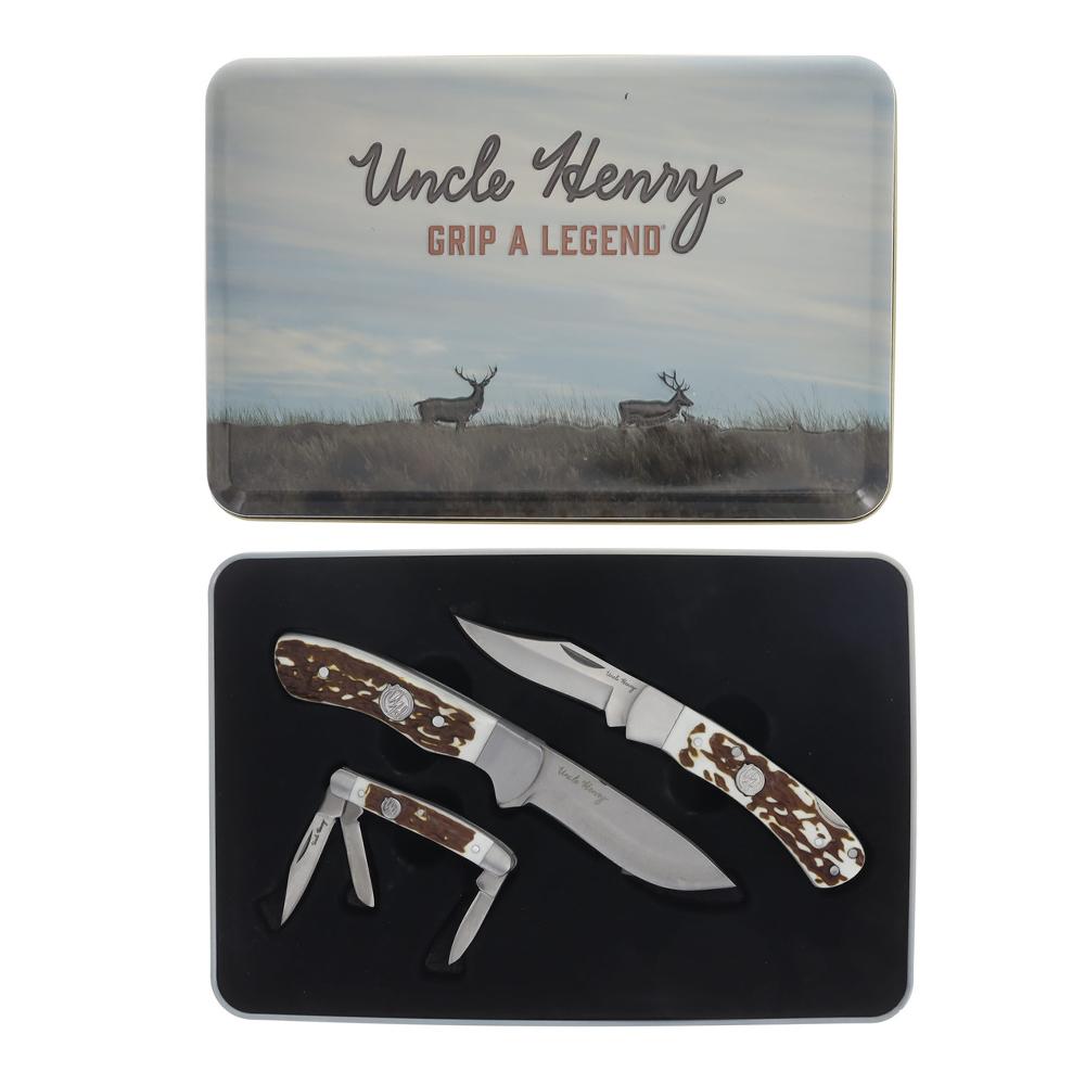 Uncle Henry Knife Combo with Tin 1 Fixed Knife 2 Folding Knives