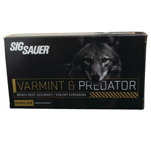 https3A2F2Fmedia.chattanoogashooting.com2Fimages2Fproduct2FXI7391582Fsig_ammo_22_250_rem_55gr_varmint_2526_predator_varmageddon_box_20_xi739158_0002_Front Sig Sauer Varmint & Predator w/Varmageddon Rifle Ammunition .22-250 Rem 55gr PT 20/ct