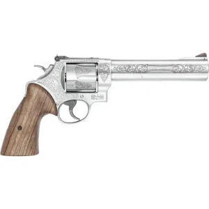 SMITH & WESSON 629 ENGRAVED STAINLESS 44MAG 6.5" WALNUT GRIPS, ADJU REAR, 6RD
