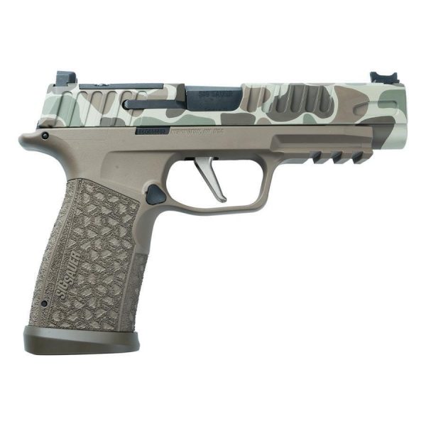 https3A2F2Fmedia.chattanoogashooting.com2Fimages2Fproduct2FXI698721DK22Fp365_fuse_9mm_4_3in_blk_fo_front_w_blk_rear_lxg_1_17_2_21_duck_camo_2_xi698721dk2_0000_Right.jpg Sig Sauer P365 Fuse Duck Camo 2 Handgun 9mm Luger 21(2)&17(1)rd Magazines 4.3" Barrel LXG Front Optic Sight