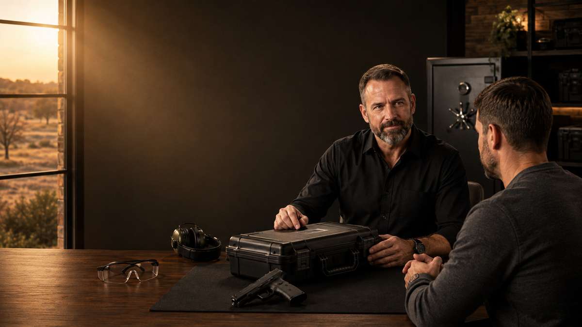 Two people reviewing a cased firearm together across a consultation table.