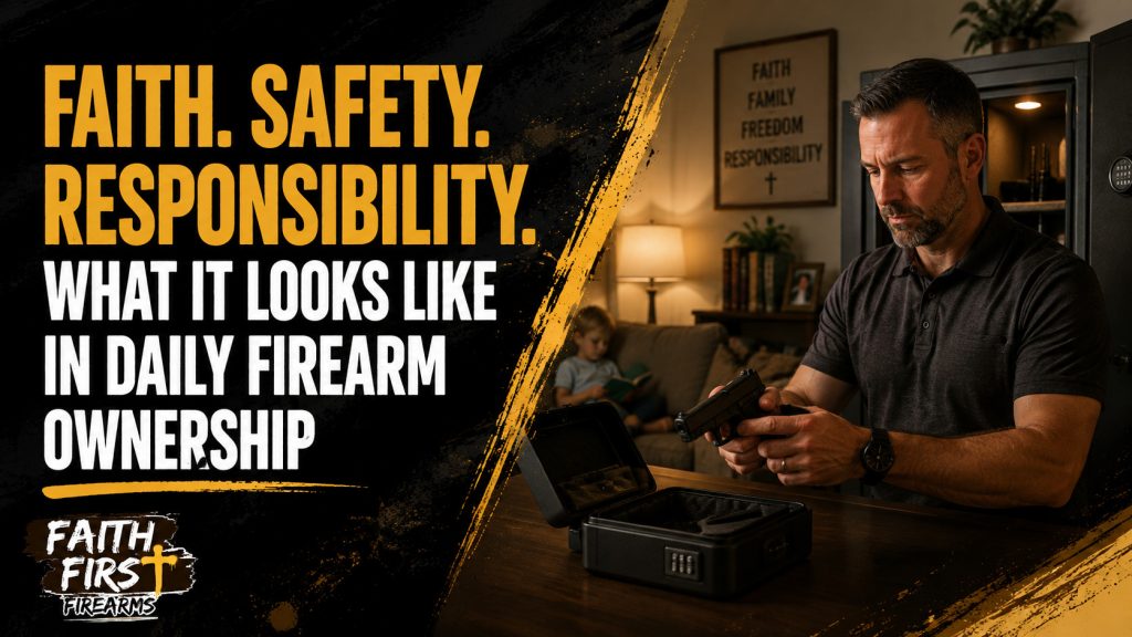 Banner for Faith, Safety, Responsibility in daily firearm ownership: a man checks a handgun at a table beside an open locking case, with a home gun safe behind him and a child reading on a sofa in the background.