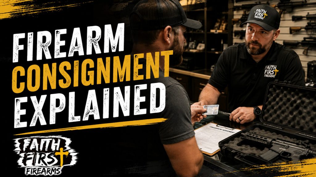 Banner on firearm consignment: a customer hands identification across the intake counter to a Faith First Firearms team member, with a cased firearm and a consignment agreement on the counter.