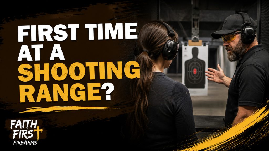 Banner for a first shooting-range visit: a range staff member in eye and ear protection talks a new shooter through the lane, with a paper target downrange.