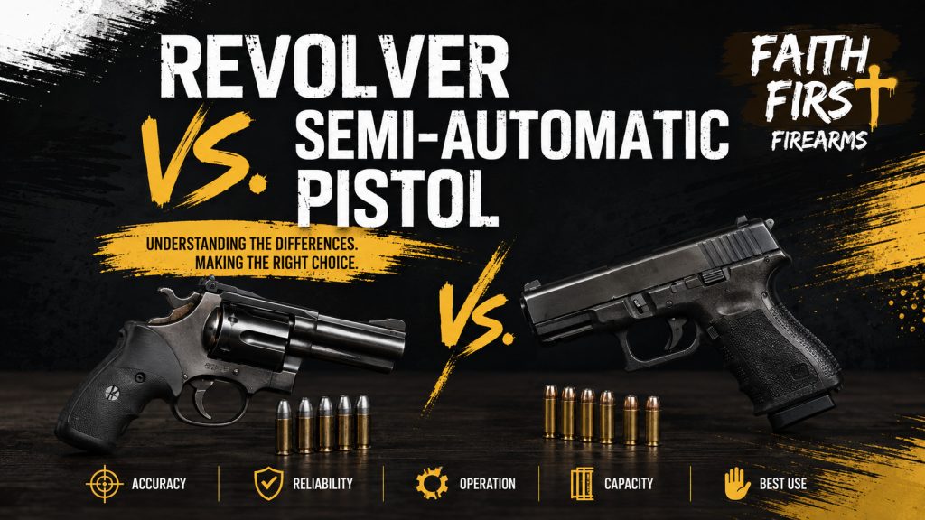 Banner comparing a revolver with its cylinder closed against a semi-automatic pistol, both laid on a dark surface beside rows of cartridges, under icons for accuracy, reliability, operation, capacity and best use.