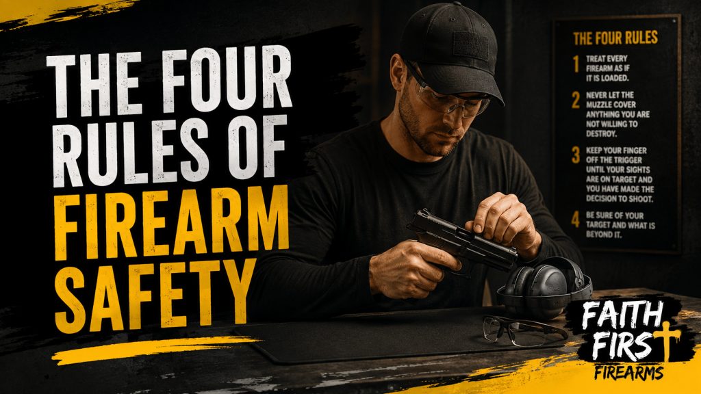 Banner for the four rules of firearm safety: a man wearing eye protection handles an unloaded pistol at a bench beside hearing protection, with the four rules listed on a panel behind him.
