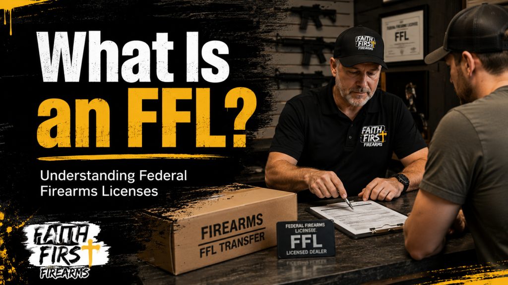 Banner explaining Federal Firearms Licenses: a Faith First Firearms team member reviews transfer paperwork on a clipboard with a customer, beside a shipping box marked for FFL transfer.
