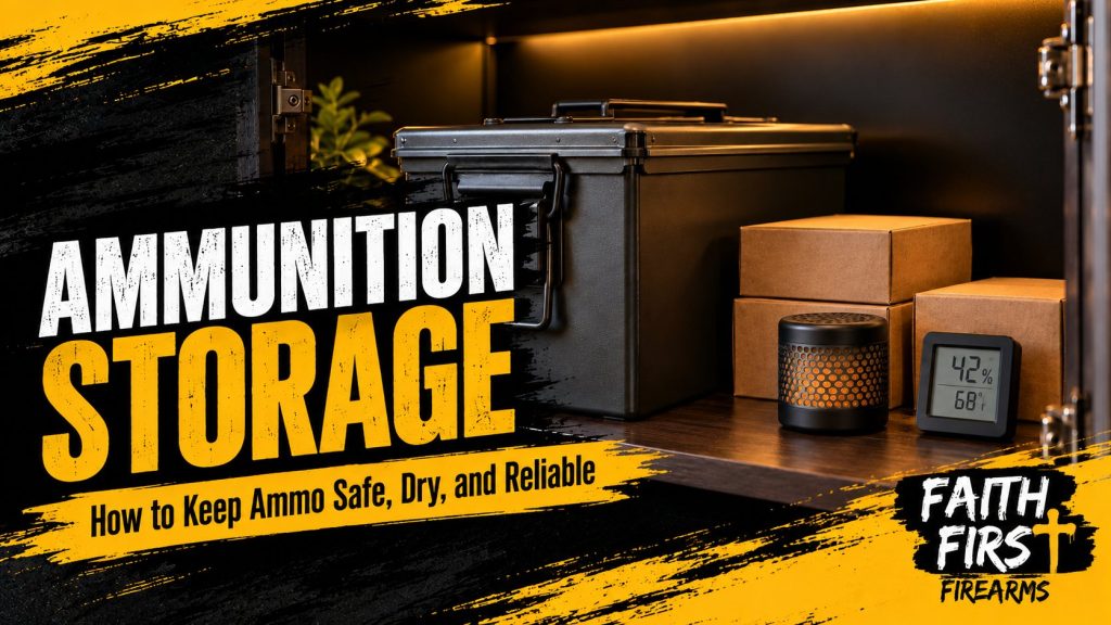 Banner on ammunition storage: a sealed metal ammo can, plain ammunition boxes, a desiccant canister and a hygrometer on a shelf inside a storage cabinet.