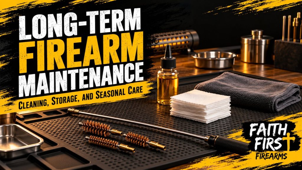 Banner for long-term firearm maintenance: a cleaning rod, bronze bore brushes, cotton patches, gun oil and a microfiber cloth on a black cleaning mat.