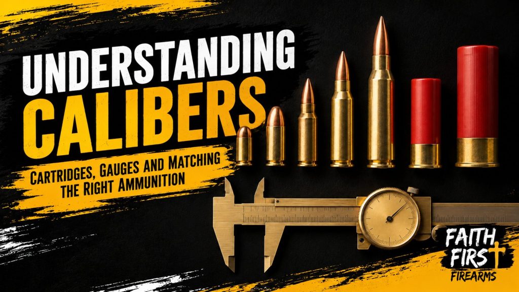 Banner for understanding calibers: five cartridges of increasing size and two shotgun shells in a row above a brass dial caliper.